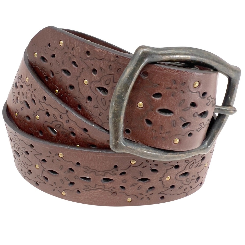 Tooled Leather Belt 44″ Brass Studs‎ Boho Western
